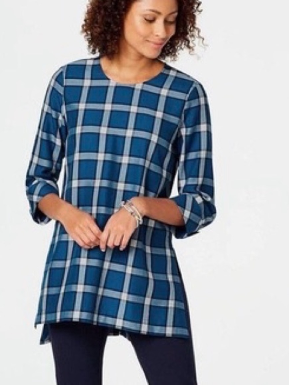 J. Jill Atlantic Plaid Tunic Blouse Top Tencel 3/4 Sleeve Scoop Neck Size XL